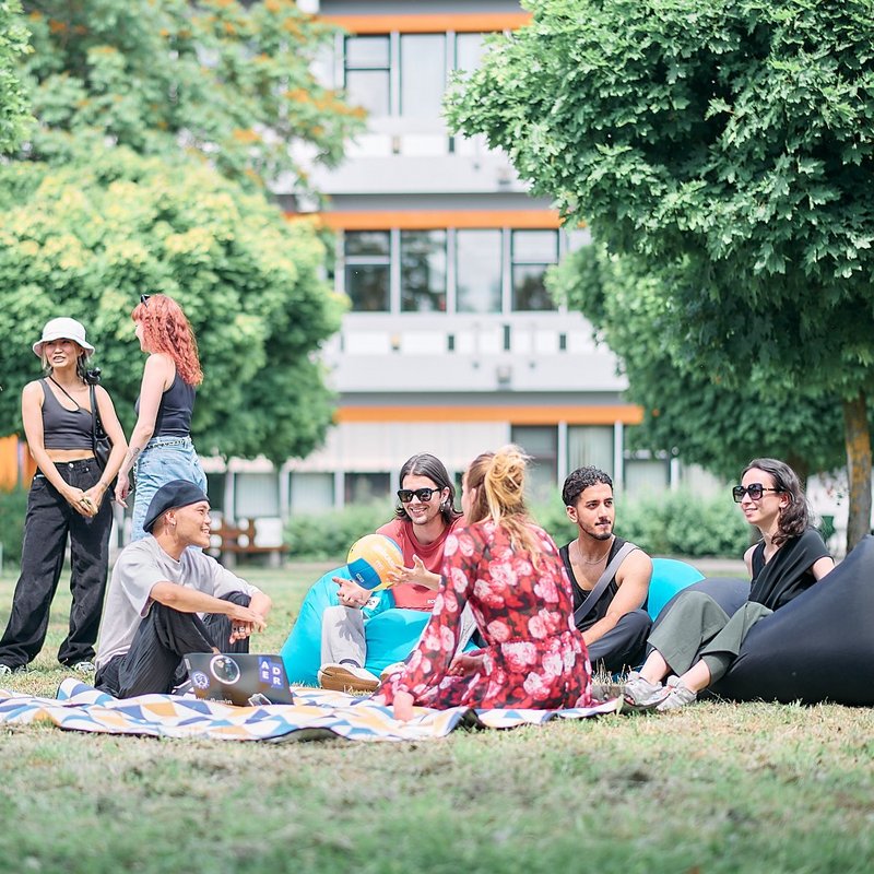 Studierende sitzen entspannt auf Decken im Gras und unterhalten sich